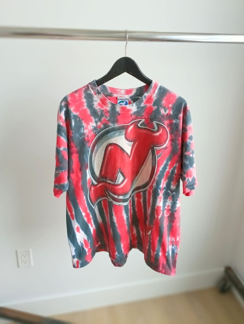 Vintage 90s NHL New Jersey Devils Liquid Blue Tie Dye Tee XL Distressed